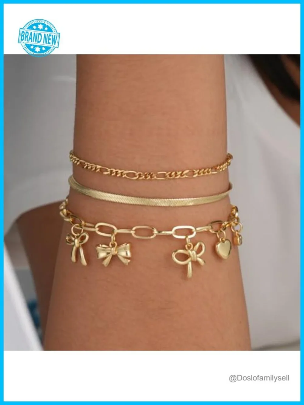 3PC Charm Gold Bracelet Set Non Tarnish 14k Plated Dainty Stackable Trendy